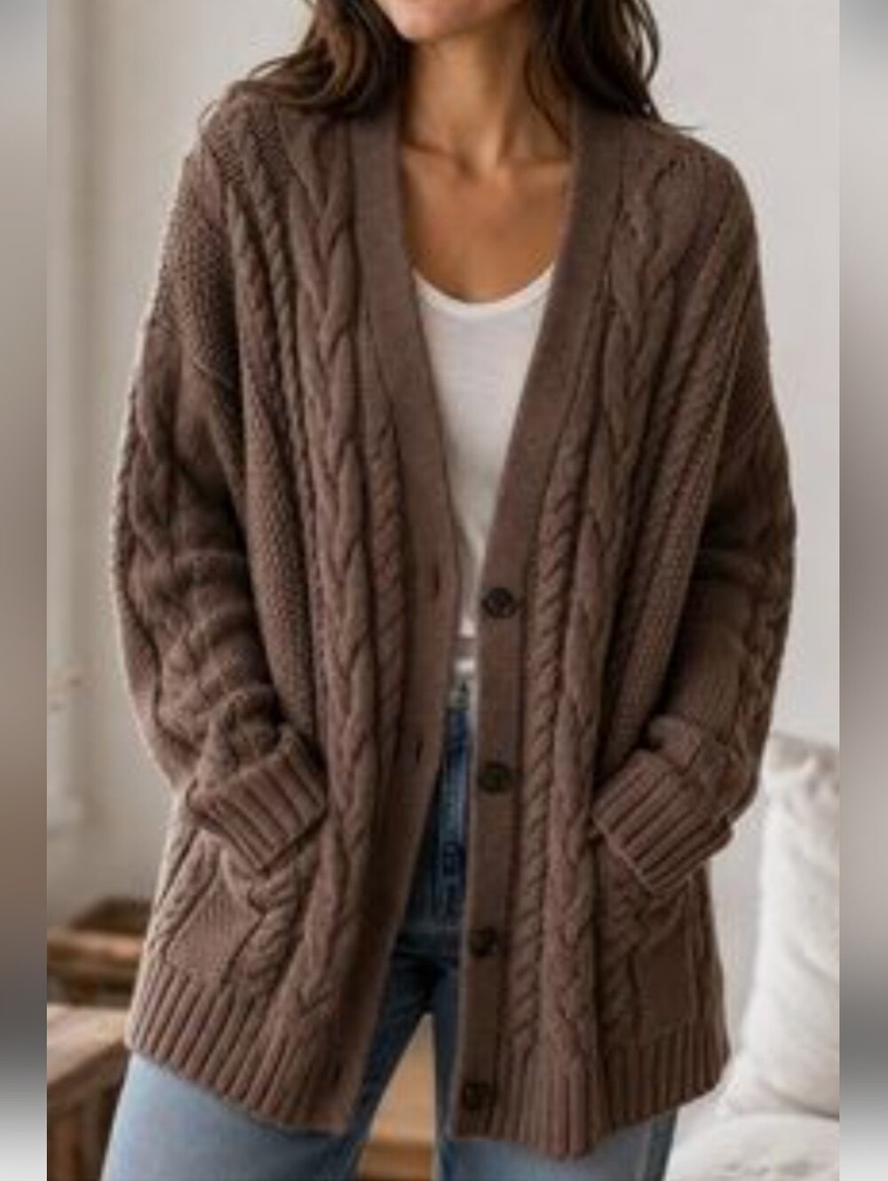 Quince Brown Very Oversized Cable Knit Cardigan 100% Organic Cotton Small